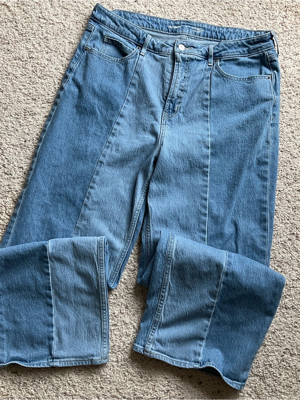 Old Navy Blue Extra High Rise Sky Hi wide leg Paneled Jeans women’s 14